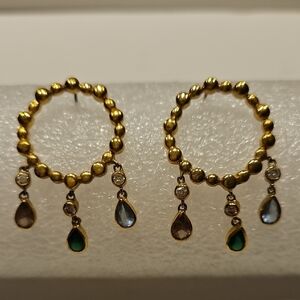 925 LD China Signed Colored & Clear Rhinestone Goldtone Pierced Earrings